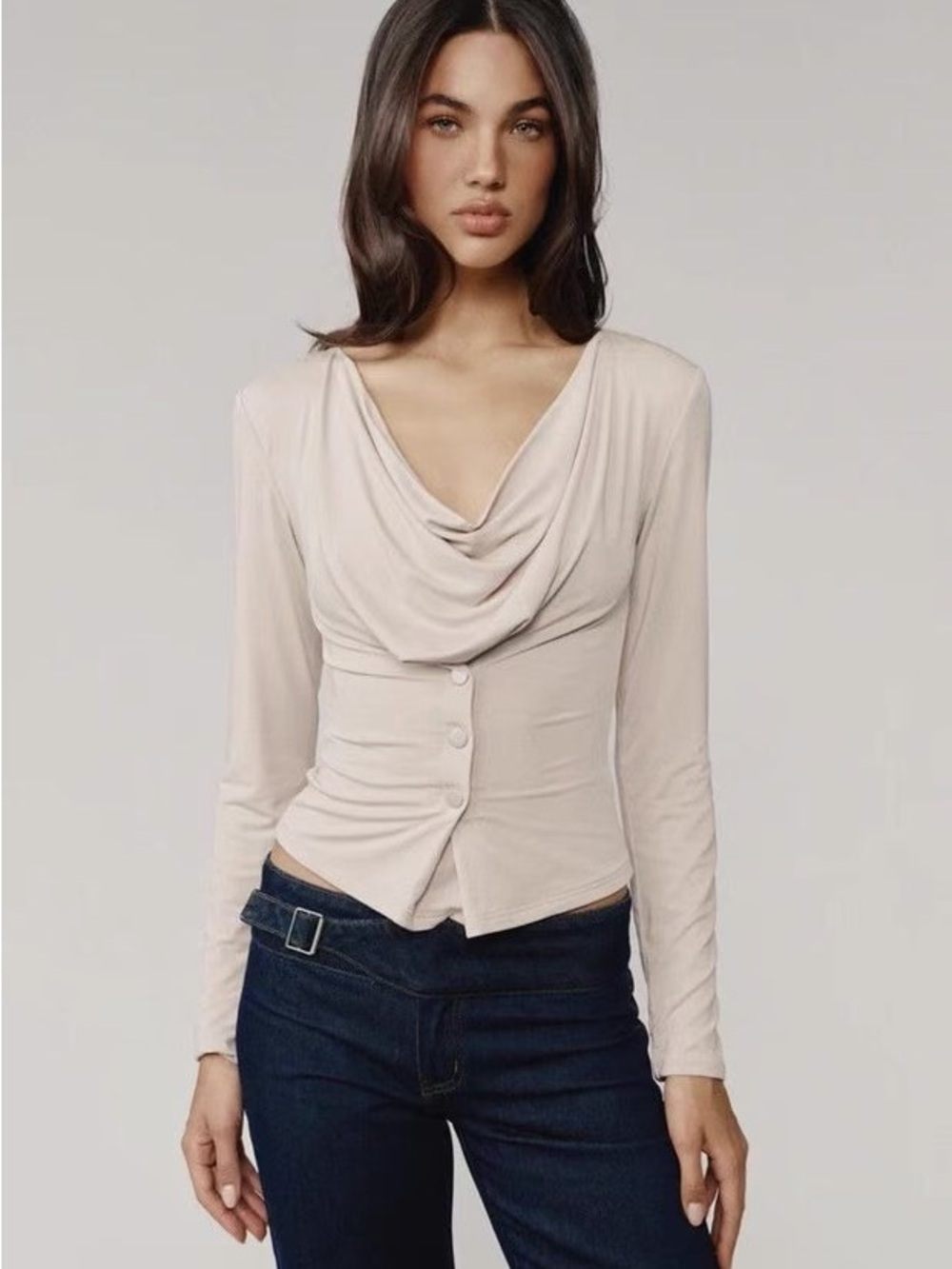 With Jean MILLA TOP Draped Cowl-Neck Long Sleeve Top